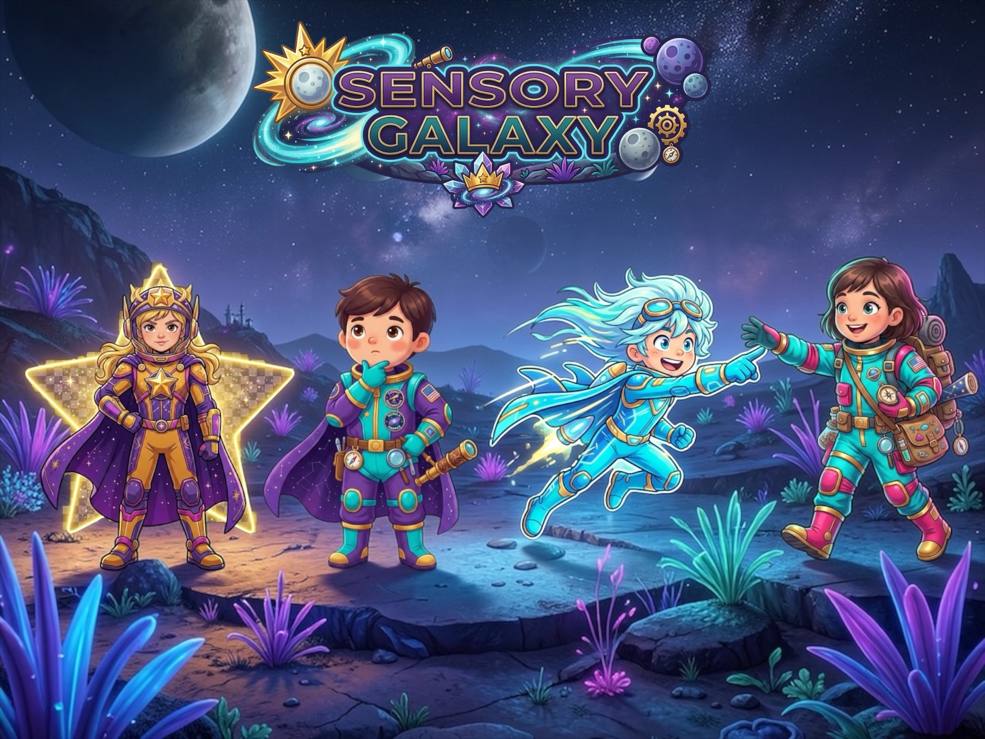 Sensory Galaxy: Logo with explorers Nova, Cosmo, Star, and Orbit in an alien landscape