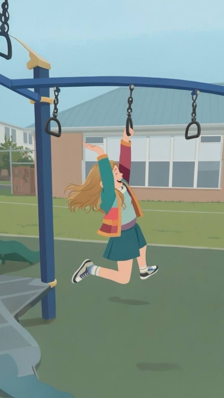 Happy child playing on monkey bars at playground